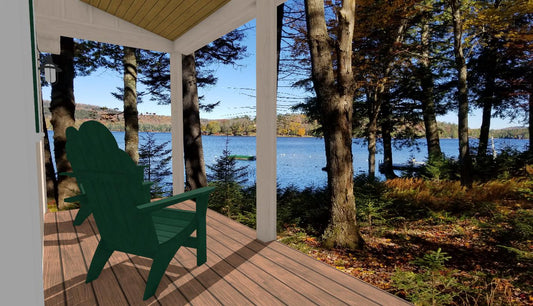 Rendered view of a simple Adirondack cabin design surrounded by trees