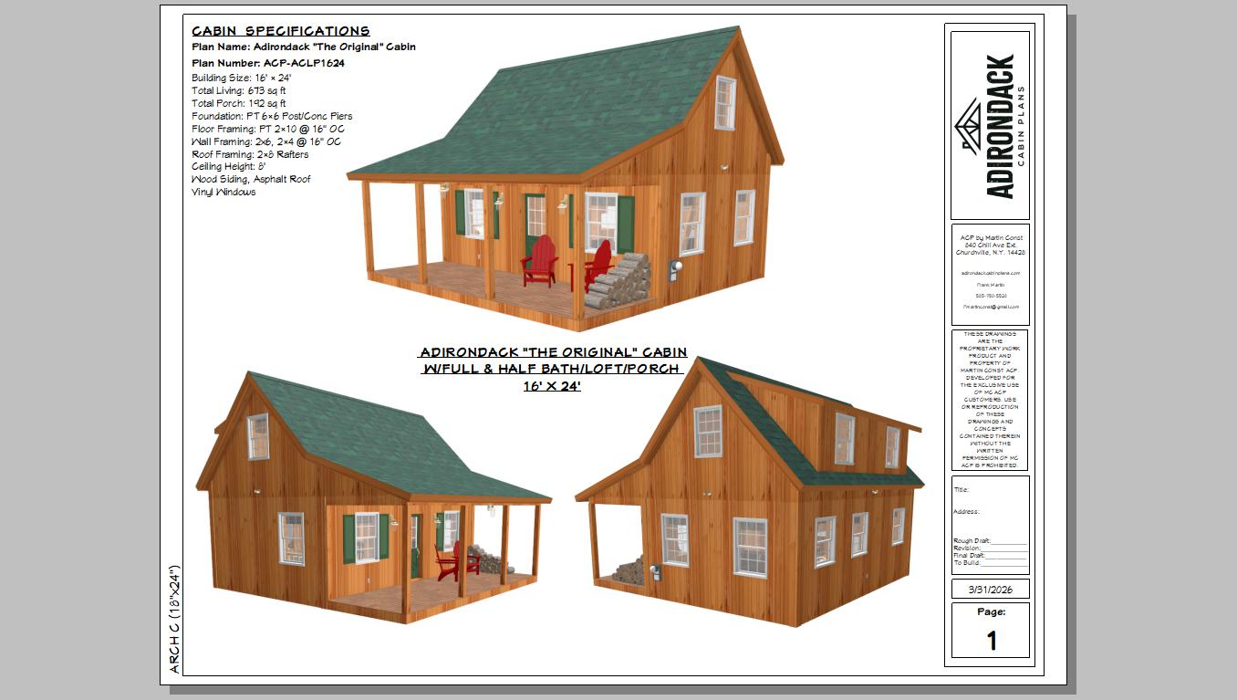The ADK "Original" Cabin-16'x24' Plans Adirondack Cabin Plans