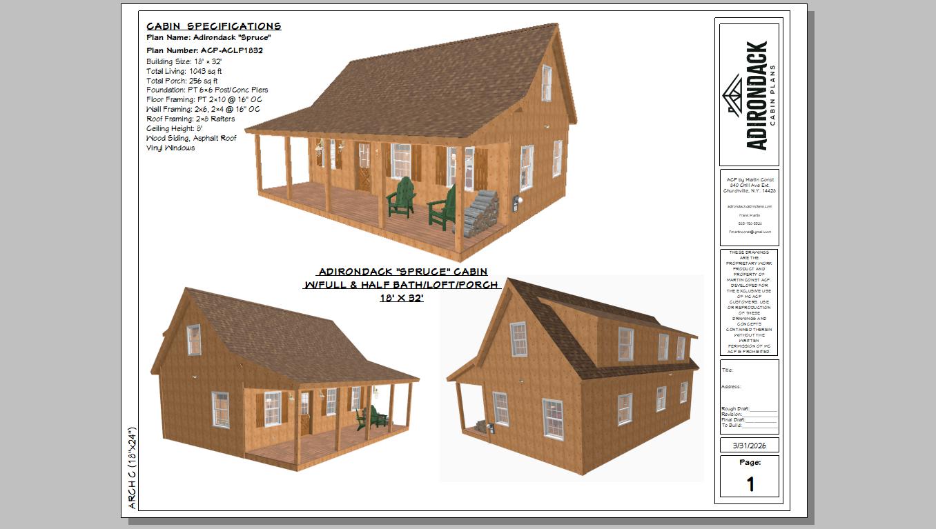 The ADK "Spruce" Cabin-18'x32' Plans Adirondack Cabin Plans
