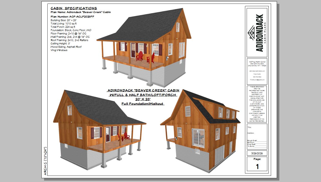 The ADK "Beaver Creek" Cabin-20'x28' Full Foundation Plans Adirondack Cabin Plans