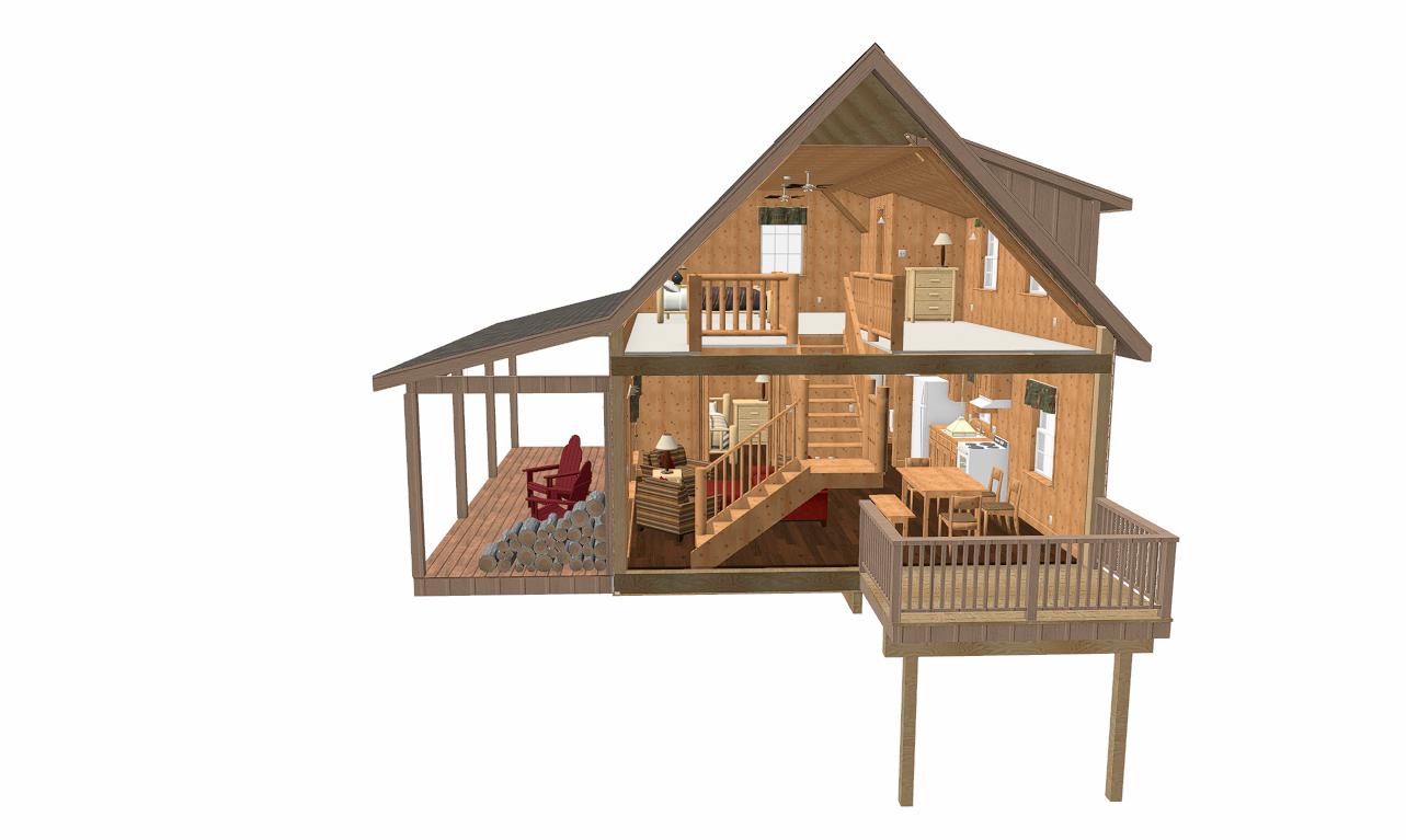 The ADK "Beaver Creek" Cabin-20'x28' Plans, Full Loft, Stairs, Deck Adirondack Cabin Plans