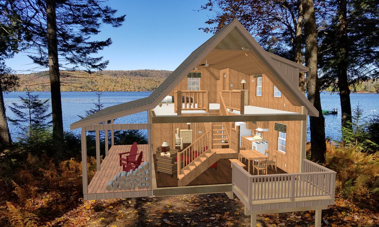 The ADK "Beaver Creek" Cabin-20'x28' Plans, Full Loft, Stairs, Deck Adirondack Cabin Plans