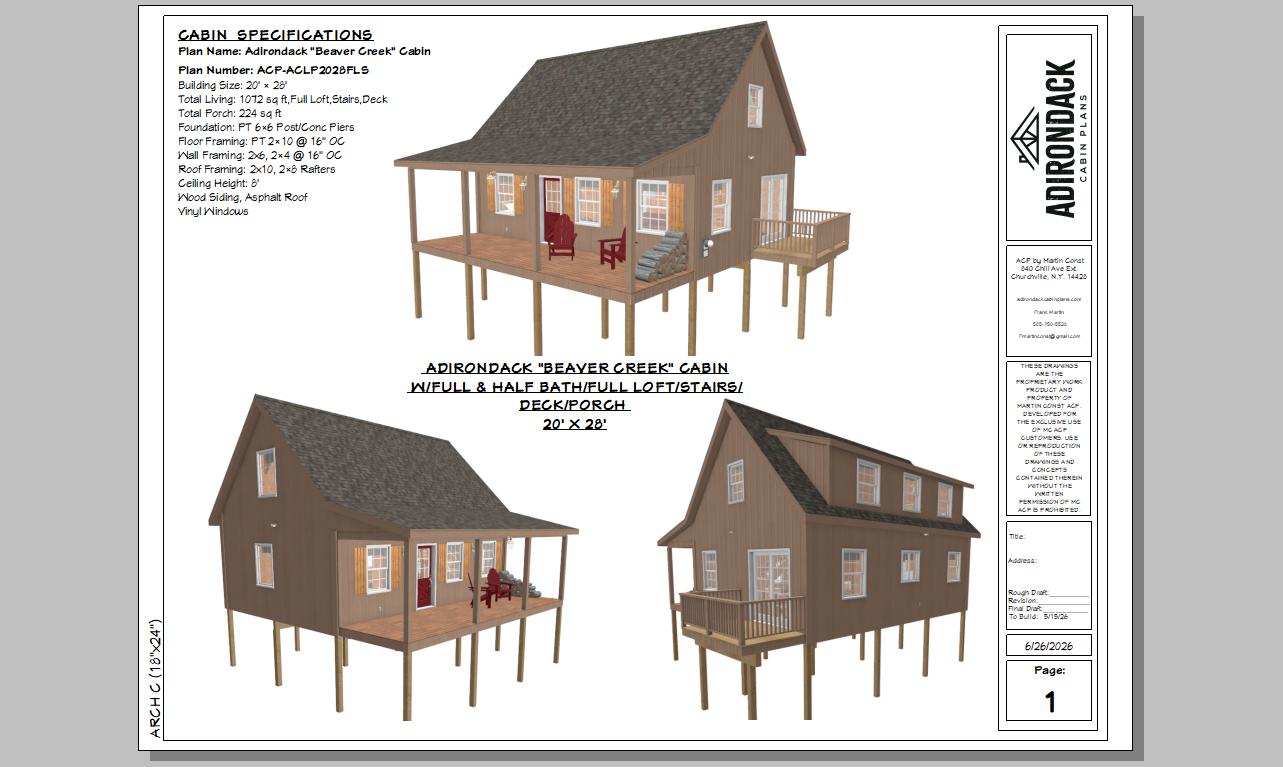 The ADK "Beaver Creek" Cabin-20'x28' Plans, Full Loft, Stairs, Deck Adirondack Cabin Plans