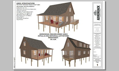 The ADK "Beaver Creek" Cabin-20'x28' Plans, Full Loft, Stairs, Deck Adirondack Cabin Plans
