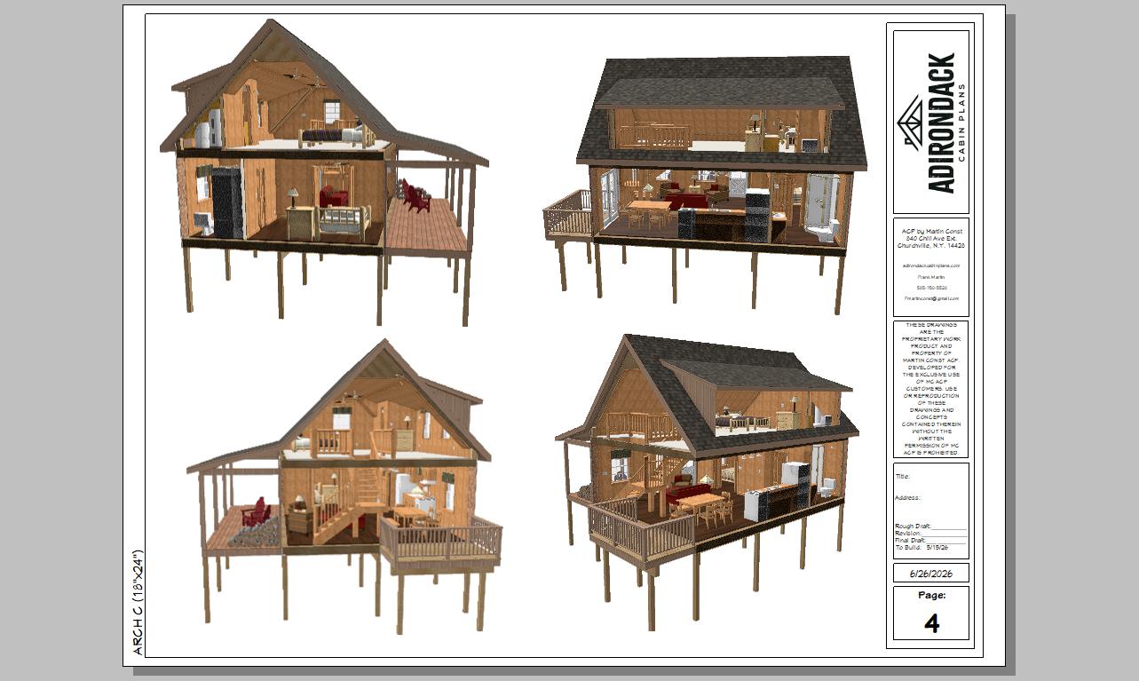 The ADK "Beaver Creek" Cabin-20'x28' Plans, Full Loft, Stairs, Deck Adirondack Cabin Plans