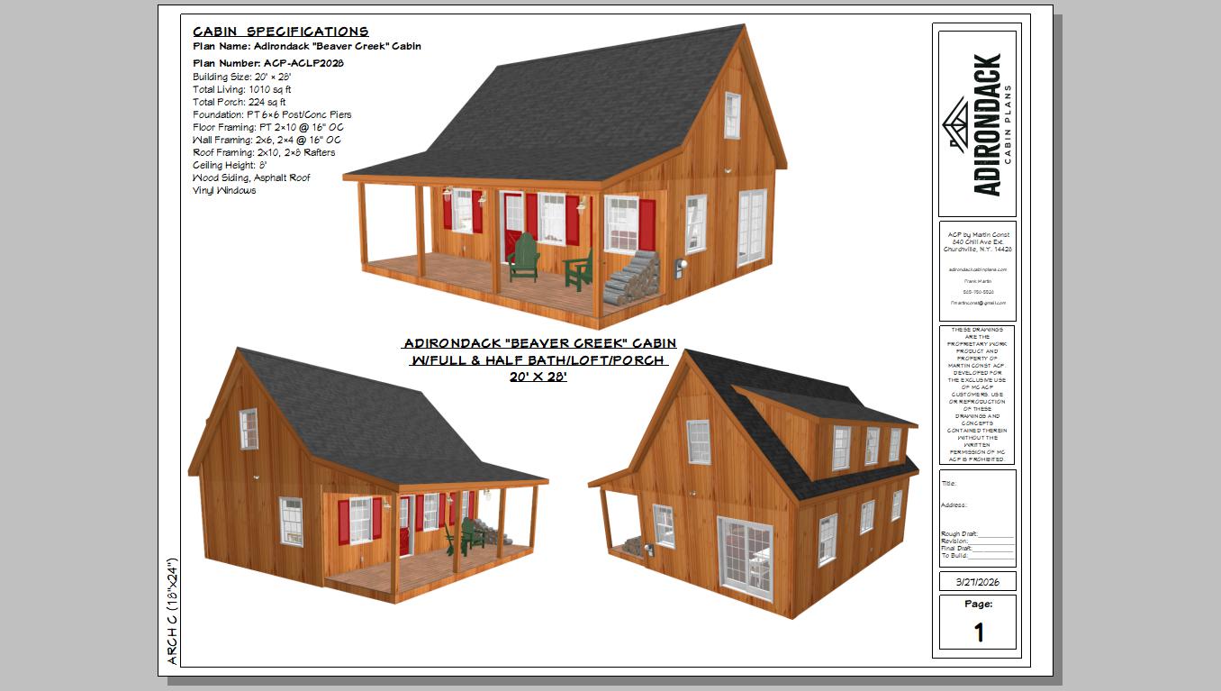 The ADK "Beaver Creek" Cabin-20'x28' Plans Adirondack Cabin Plans