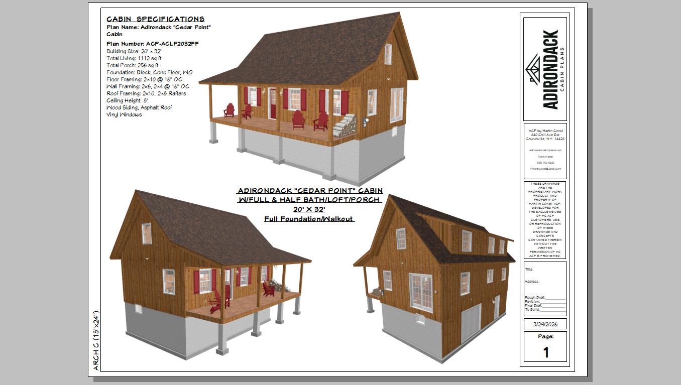 The ADK "Cedar Point" Family Cabin-20'x32' Full Foundation Plans Adirondack Cabin Plans