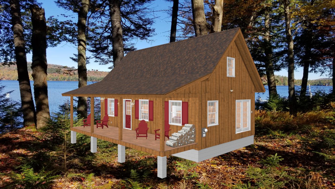 The ADK "Cedar Point" Family Cabin-20'x32' Full Foundation Plans Adirondack Cabin Plans, Large, Rustic Cabin with Red Shutters in the middle of the woods