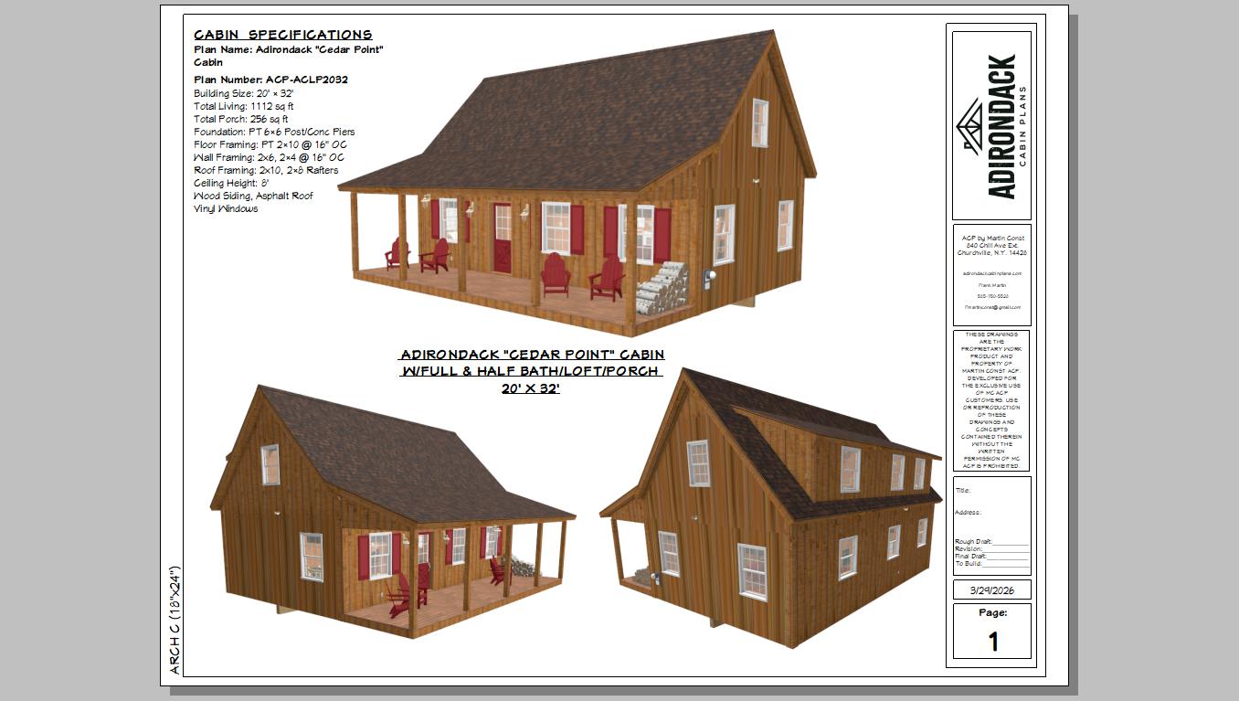 The ADK "Cedar Point" Family Cabin-20'x32' Plans Adirondack Cabin Plans